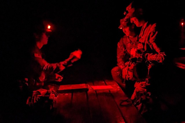Show-Me GOLD candidates conduct nighttime land navigation training here during their two-week training on post. 