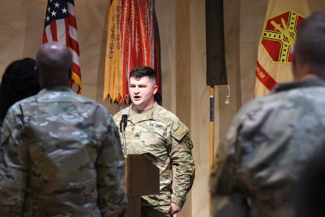 Fort Drum community members observe the National Day of Prayer during a luncheon May 24 inside The Peak Ballroom. The event was hosted by the Fort Drum Religious Support Office team, with Chaplain (Col.) James D. Key, 10th Mountain Division (LI) senior command chaplain, as guest speaker. (Photo by Mike Strasser, Fort Drum Garrison Public Affairs)