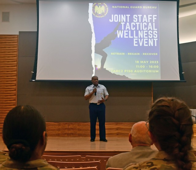 U.S. Air Force Senior Enlisted Advisor Tony Whitehead, SEA to the chief, National Guard Bureau, provides opening remarks during aJoint Staff Tactical Wellness Event May 18, 2023, at the Herbert R. Temple Jr. Army National Guard Readiness Center. The one-day event educated members on resources and practices to improve health and wellness. (U.S. Army National Guard photo by: Sgt. 1st Class Elizabeth Pena)