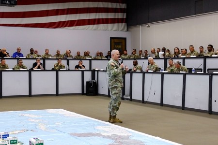 U.S. Army Lt. Gen. John R. Evans, U.S. Army North commanding general, hosts personnel from federal, state, U.S. territories and military agencies at the ARNORTH Hurricane Rehearsal of Concept Drill held at Joint Base San Antonio - Fort Sam Houston, May 24, 2023. The ROC Drill helps synchronize active duty military support efforts with federal, state, territorial and local partners to ensure seamless support in the event of a hurricane response event. (U.S. Army Photo by Spc. Noelani Revina)