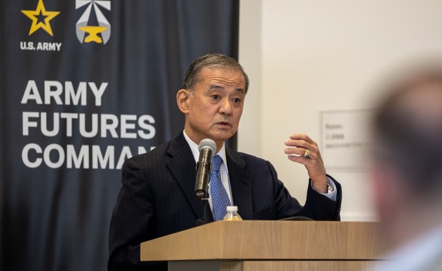 Retired Gen. Erik K. Shinseki speaks to an audience of Soldiers and Department of the Army Civilians at Army Futures Command headquarters in downtown Austin, Texas, on May 25, 2023.
