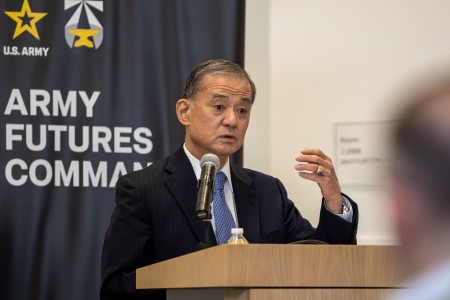 Retired Gen. Erik K. Shinseki speaks to an audience of Soldiers and Department of the Army Civilians at Army Futures Command headquarters in downtown Austin, Texas, on May 25, 2023, as part of Asian American Pacific Islander Heritage Month. 