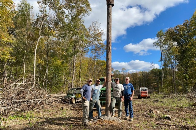 Fort Knox Natural Resources staff installed an artificial bat roost structure in October 2021.  The structures use repurposed utility poles sourced at no cost from the local Rural Electric Cooperative Corporation.  These structures are often used the first maternity season after placement and to date, five species of bats have been documented to use them throughout the areas it has been deployed, primarily housing Indiana bats but also used by northern long-eared bats, little brown bats, big brown bats, and evening bats.  

