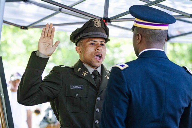 New 2nd Lt. Colin Morgan earns his rank during his commissioning ceremony after receiving his diploma during the U.S. Military Academy Class of 2023  Graduation Ceremony on May 27. Photo by Jorge Garcia/ USMA PAO.