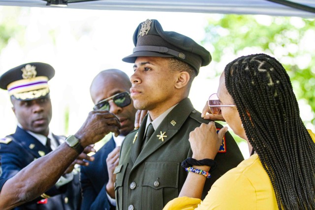 New 2nd Lt. Colin Morgan earns his rank during his commissioning ceremony after receiving his diploma during the U.S. Military Academy Class of 2023  Graduation Ceremony on May 27. Photo by Jorge Garcia/ USMA PAO.