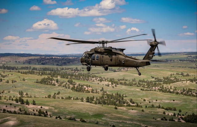 Iowa National Guard Black Hawk flies over Camp Guernsey