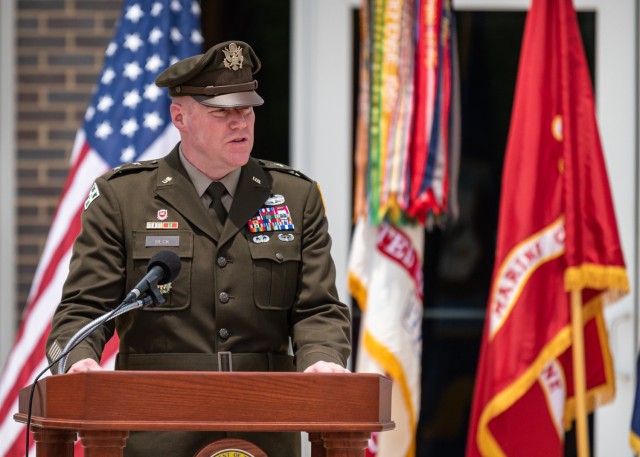 Maj. Gen. Christopher Beck, Maneuver Support Center of Excellence and Fort Leonard Wood commanding general, speaks during a Memorial Day ceremony on Monday at the Missouri Veterans Cemetery - Fort Leonard Wood.