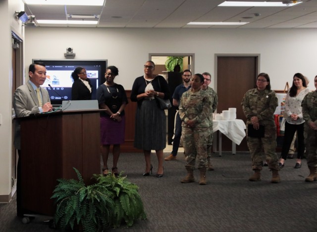 Myles Miyamasu, Army Materiel Command deputy G-3, speaks to AMC employees during AMC&#39;s Asian American Pacific Islander Month Observance at Redstone Arsenal, Alabama, May 22, 2023. Miyamasu,served as the guest speaker for the event. 