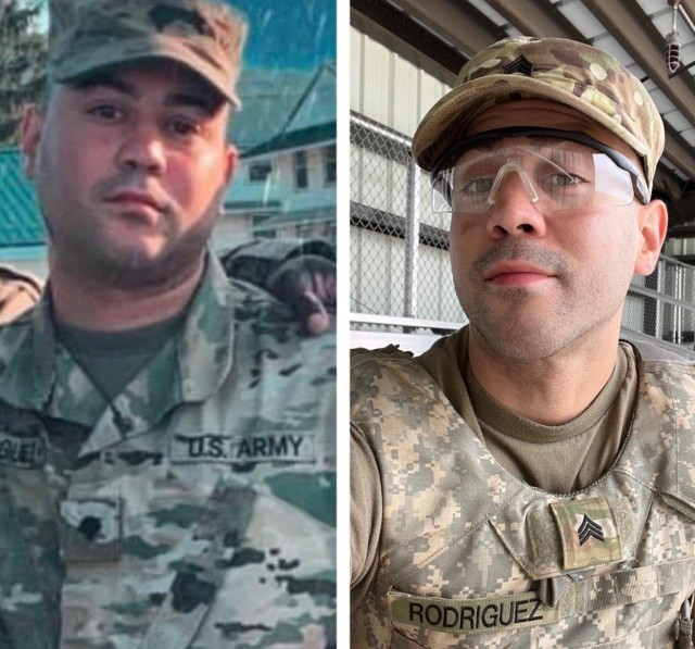 Before and after shot of U.S. Army Sgt. Isaac Rodriguez, assigned to the 1048th Medium Transportation Company, Connecticut Army National Guard. Rodriguez enrolled in the Fitness Improvement Program to continue his military career, losing 42.2 pounds in three months. (Courtesy photo by Sgt. Isaac Rodriguez)