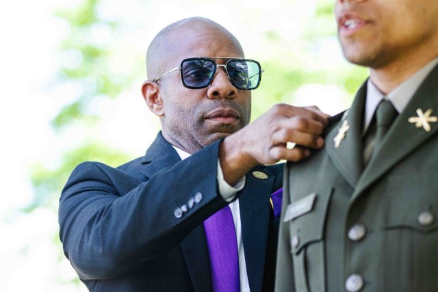 New 2nd Lt. Colin Morgan earns his rank during his commissioning ceremony after receiving his diploma during the U.S. Military Academy Class of 2023  Graduation Ceremony on May 27. Photo by Jorge Garcia/ USMA PAO.