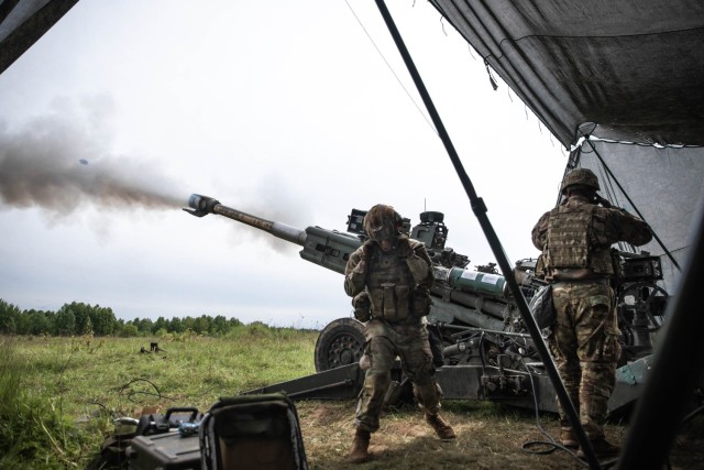 U.S. Soldiers assigned to the 1st Platoon, Archer Battery, Field Artillery Squadron, 2nd Calvary Regiment, participate in a fire support coordination exercise as part of Griffin Shock 23 held at Bemowo Piskie, Poland, May 18, 2023. As the framework nation in Poland, Exercise Griffin Shock demonstrates the U.S. Army's ability to assure the NATO alliance by rapidly reinforcing the NATO Battle Group Poland to a brigade-size unit. (U.S. Army National Guard photo by Staff Sgt. Agustín Montañez)