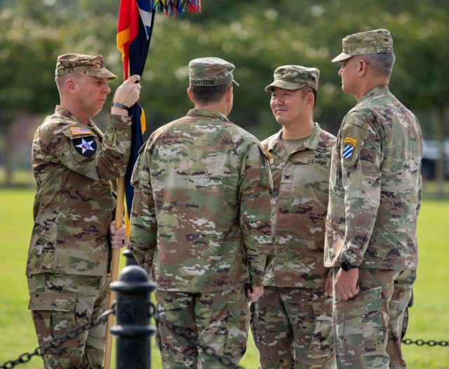 The 3rd Infantry Division 1st Armored Brigade Combat Team conducts a change of command ceremony on Fort Stewart, Georgia May 31, 2023. The change of command is a simple event rich in symbolism and heritage. Col. Pete Moon, outgoing 1abct Commander relinquished command to Col. James Armstrong.