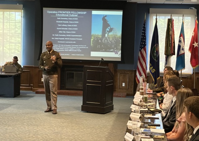 Lt. Gen. Milford H. Beagle Jr., Commanding General of the Combined Arms Center and Fort Leavenworth, Kansas, speaks to a group of superintendents during a Youth Outreach Symposium June 2 on the Fort Leavenworth.  Beagle spoke to the attendees about a new program for local students and educators titled “Operation Frontier Fellowship” that offers leadership and mentoring opportunities.