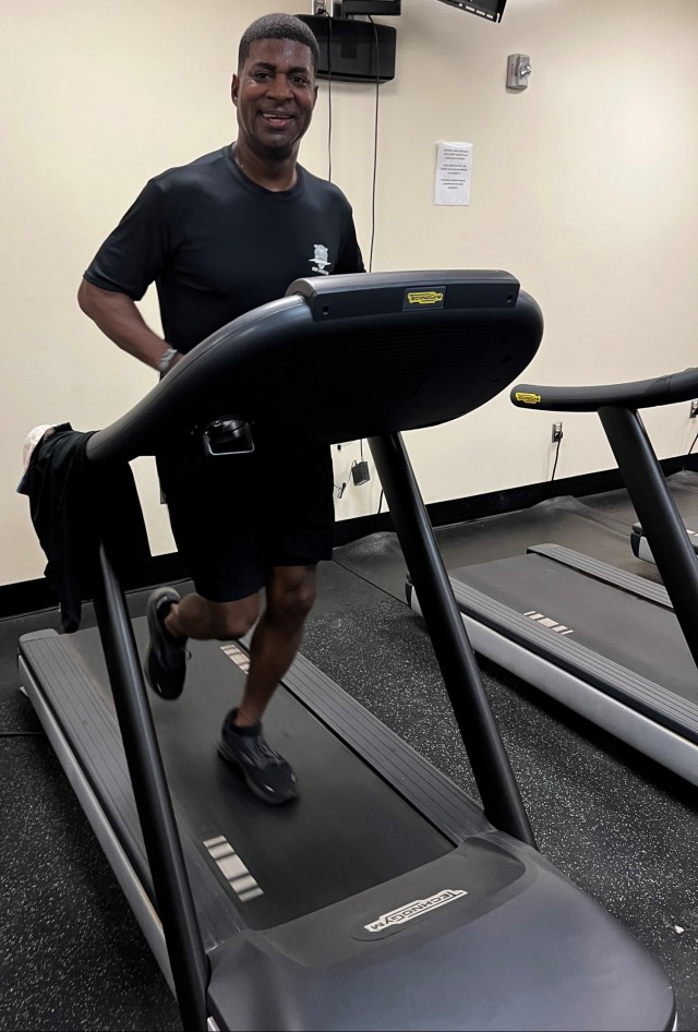 Regimental Command Sgt. Maj. Linwood Barrett participates in the U.S. Army Signal School &#34;Step by Step&#34; challenge by getting some of his steps in at Nelson Fitness Center. 