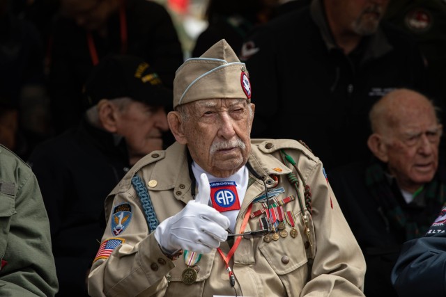U.S. and allied forces, World War II veterans and guests participate in the Cabbage Patch Memorial Ceremony in Carentan, France, June 2, 2023. Cabbage Patch Square is where U.S. paratroopers began the bloody battle to liberate the city of Carentan 79 years ago.