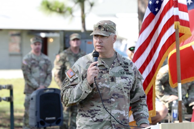 Georgia Army National Guard State Command Sergeant Major John Ballenger addresses 48th Infantry Brigade Combat Team Soldiers during a change of responsibility ceremony June 2 on Fort Stewart.