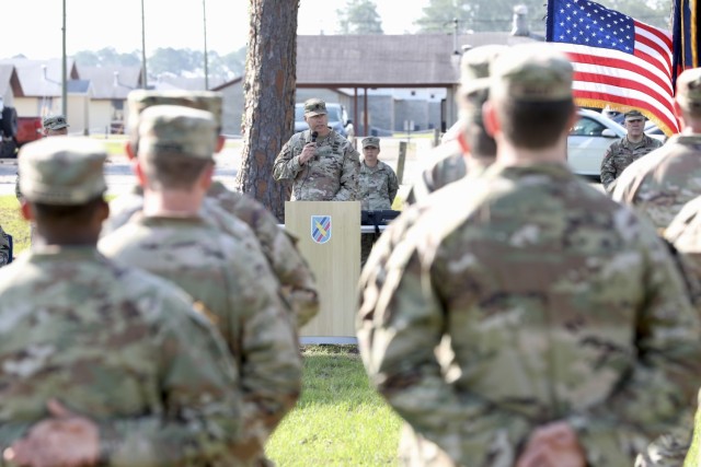 Georgia Army National Guard State Command Sergeant Major John Ballenger addresses 48th Infantry Brigade Combat Team Soldiers during a change of responsibility ceremony June 2 at Fort Stewart.