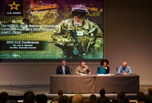 Ms. Lynn Marshall, Headquarters Army Materiel Command attorney, leads a panel discussion during the 2023 AMC Continuing Legal Education Program.