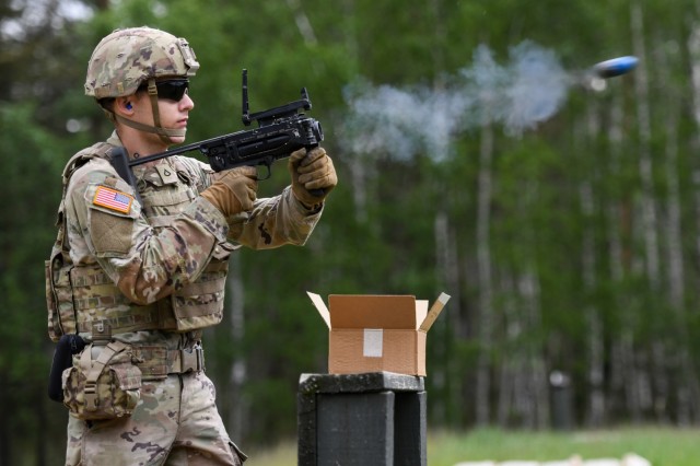 U.S. Army Pfc. Tyson Portwood, assigned to Palehorse Troop, 4th Squadron, 2nd Cavalry Regiment (2CR), fires a M320 grenade launcher at the 7th Army Training Command&#39;s Grafenwoehr Training Area, Germany, May 23, 2023. 2CR provides V Corps, America’s forward-deployed corps, with combat-credible forces capable of rapid deployment throughout the European theater to defend the NATO alliance. 

