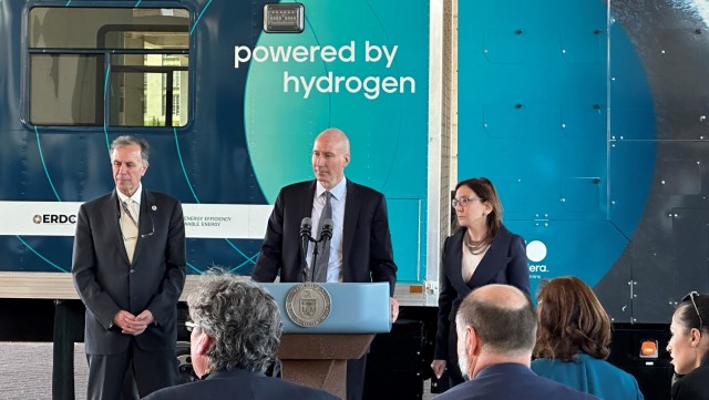 HON Jacobson (right) stands with Deputy Secretary of Energy, DoE David Turk (center) and Under Secretary for Science and Technology, Dimitri Kusnezov (left) to field questions regarding the H2@Rescue Truck.