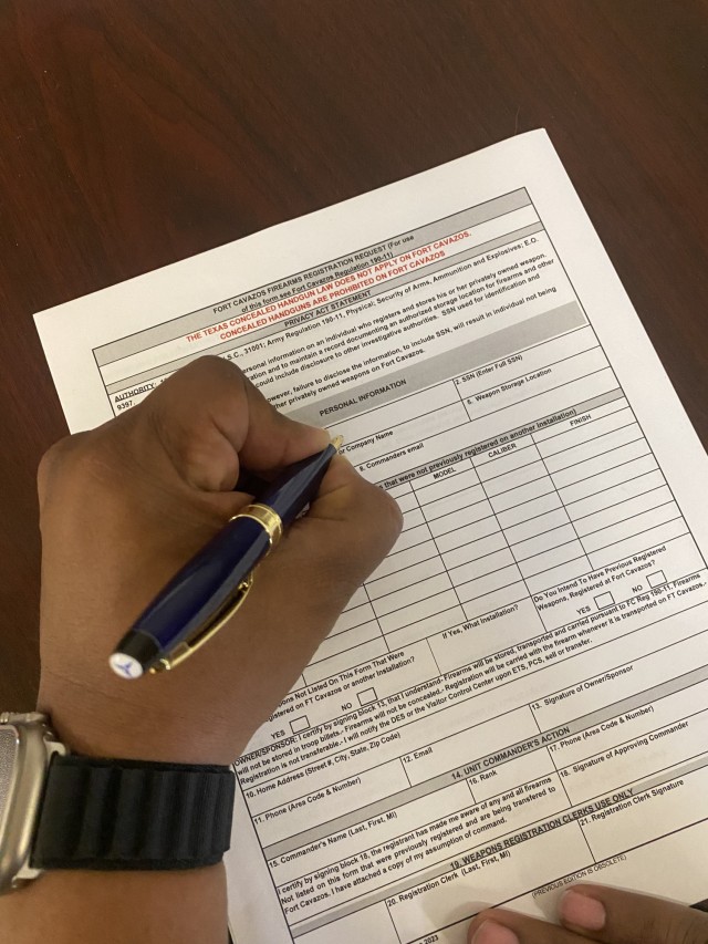The Fort Cavazos weapons registration form can be filled out by hand and either turned in in-person at the Marvin Leath Visitor Welcome Center, open daily from 5 a.m. to 9 p.m., or via email. (U.S. Army photo by Samantha Harms, Fort Cavazos Public...