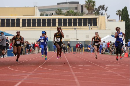 U.S. Army Staff. Sgt Jewel Lewis, left, Spc. Davona Jones, center, and  Capt. Anna Walker, middle-right, compete in the track event June 6, 2023 during the Department of Defense Warrior Games Challenge. The Games are taking place at Naval Air Station North Island in San Diego, California, June 2 - 12. More than 200 wounded, ill, or injured warrior athletes representing the U.S. Army, Marine Corps, Navy, Air Force, and Special Operations Command are competing in 11 adaptive sports including archery, track, field, swimming, rowing, shooting, powerlifting, cycling, wheelchair basketball, sitting volleyball, and wheelchair rugby.

(U.S. Army photo by Cpl. William Gore)