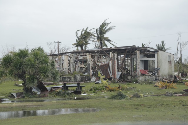 A battered home in the village of Yigo, Guam, lies in ruin after Typhoon Mawar lashed the U.S. Territory on May 25, 2023. Yigo suffered a direct hit from the southern eye wall of the Category 4 storm, which brought 140 mph sustained winds to the mostly rural village.