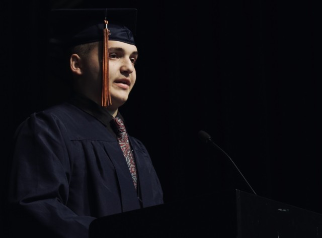 Lincoln&#39;s ChalleNGe Academy graduate Nickolas McCauley delivers the class summary during graduation ceremonies June 10, 2023, in Springfield, Ill. The Illinois National Guard program July 1993 on the former Chanute Air Force Base in Rantoul,...