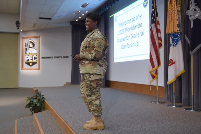 U.S. Army Lt. Gen. Donna W. Martin, the Inspector General, speaks during opening remarks of the Worldwide Inspector general Conference at Camp Robinson, Arkansas, May 23, 2023. The WWIGC was the first in-person event since 2019. (U.S. Army photo...