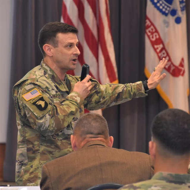 U.S. Army Col. Scott Kirkpatrick, the commandant of the Inspector General School, makes a point during a discussion during the Worldwide Inspector General Conference at Camp Robinson, Arkansas, May 22, 2023. (U.S. Army photo by Thomas Ruyle)