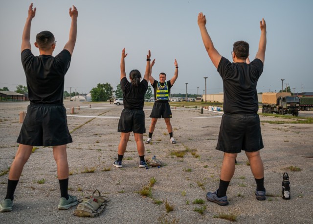 Sgt. 1st Class John Marquis, 2023 Maneuver Support Center of Excellence Drill Sergeant of the Year, leads trainees in physical readiness training June 6 outside Bldg. 660 during the Drill Sergeant of the Year Competition. 