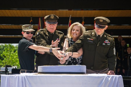 Chief of Staff of the Army Gen. James C. McConville, Secretary of the U.S. Army Christine E. Wormuth, and Sgt. Maj. of the Army Michael A. Grinston, cut the birthday cake with Miles Avery, the Make a Wish recipient, during the 248th Army Birthday Festival at the National Museum of the United States Army at Fort Belvoir, Virginia, June 10, 2023. The U.S. Army, established on June 14, 1775, celebrates 248 years of turning obstacles into possibilities and challenging our Soldiers to “Be All You Can Be.”