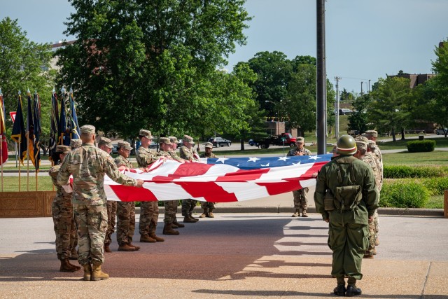 Soldiers with the Maneuver Support Center of Excellence NCO Academy fold the flag during a Retreat ceremony on Wednesday on MSCoE Plaza, in celebration of the Army birthday. 
