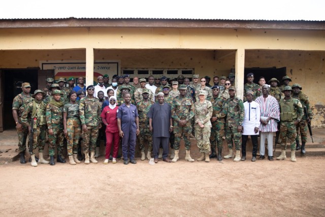 U.S. Army Soldiers and medical providers from the 352nd Civil Affairs Command and soldiers and medical providers from the Ghana Armed Forces pose for a group photo in Yendi, Ghana, June 3, 2023 during a medical civic action program as part of...