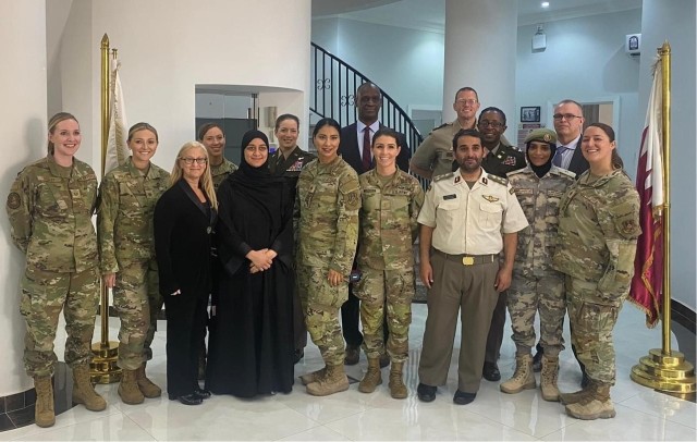 West Virginia National Guardsmen Tech. Sgt. Victoria Bagley, Maj. Taylar Belfield, left, and 1st Lt. Abbey Welborn, fourth from right in front row, participated in the Women in Strategic Intelligence Seminar at the Directorate of Military Intelligence in Doha, Qatar, May 14-18, 2023. The West Virginia National Guard and the Qatari Armed Forces are partnered through the Department of Defense National Guard Bureau State Partnership Program.
