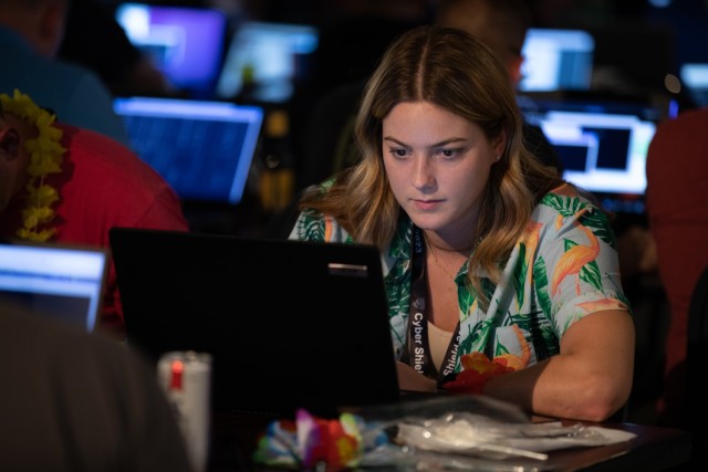 Sgt. Azaria Christian, incident response division chief, North Carolina National Guard, participates in the NetWars competition during the Cyber Shield training exercise at the Professional Education Center, Little Rock, Ark., June 9, 2023....