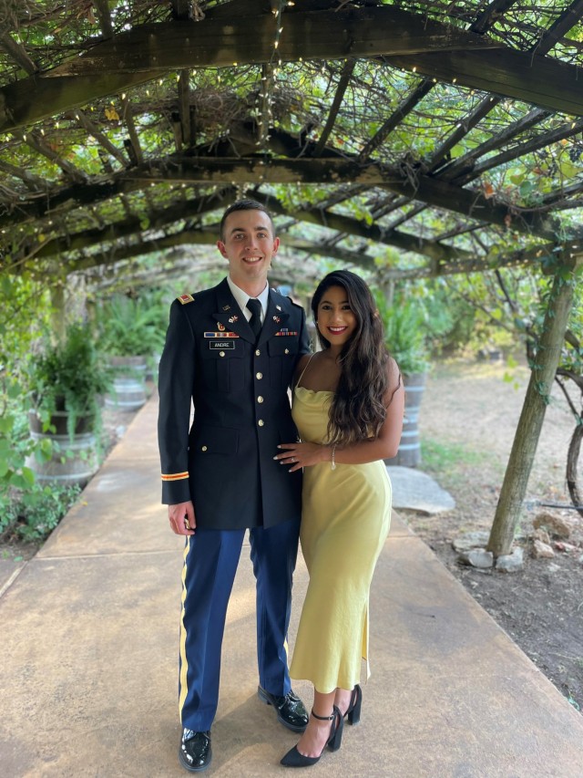 1st Lt. Adam Andre and his wife, Carolina, attend a friend’s commissioning ceremony in San Antonio, Texas. 