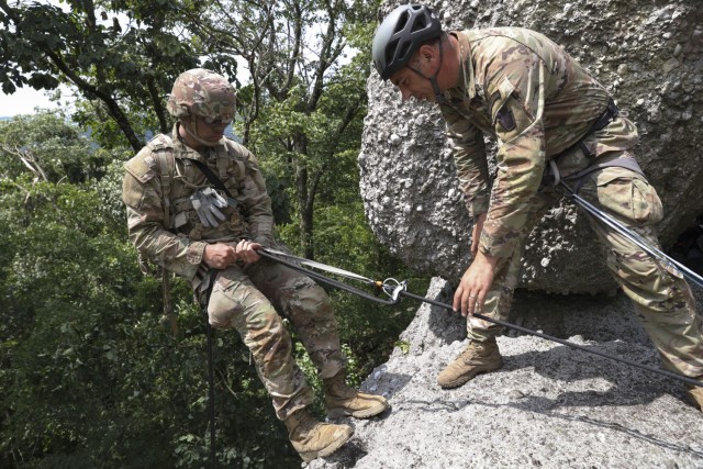 Approximately 25 Soldiers with 1st Squadron, 104th Cavalry Regiment, 2nd Infantry Brigade Combat team, 28th Infantry Division, Pennsylvania Army National Guard, conducted rappel training June 13, 2023, at a rock formation near Fort Indiantown Gap....