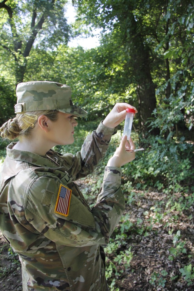 Reynolds Army Health Clinic Environmental Health Tech Pfc. Rebecca Langley examines tick recovered from a tick drag she just conducted.