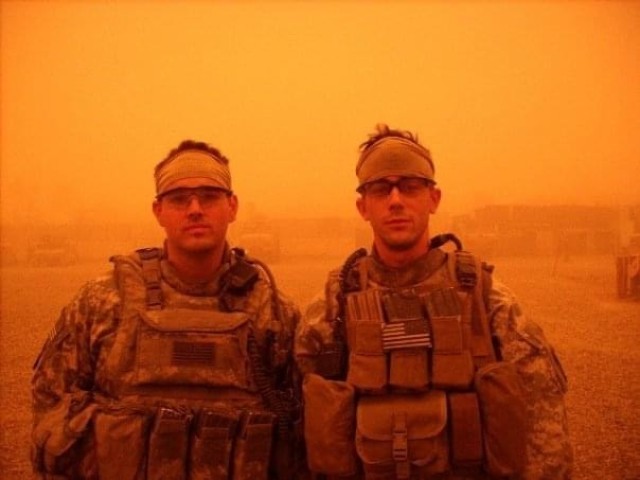 (From right) Sgt. 1st Class Ean Eicher, then a squad leader, pictured with a team lead on their first day in Afghanistan, circa 2012.
