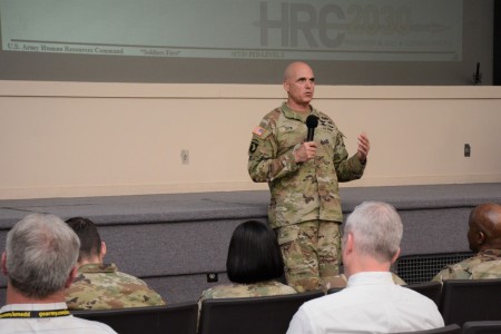 Maj. Gen. Thomas Drew, commanding general of U.S. Army Human Resources Command, recently addresses Soldiers and staff during a workforce townhall at Fort Knox, Ky. During the town hall Drew provided updates about the HRC 2030 initiative and fielded questions from the workforce. In keeping with its mission of conducting world-class service that enables the Army to deploy, fight and win the nation’s wars, HRC is working to establish a well-trained workforce that is transparent in communication and agile in its responsiveness while remaining customer-centered in supporting the Soldier in each issue, request and interaction.