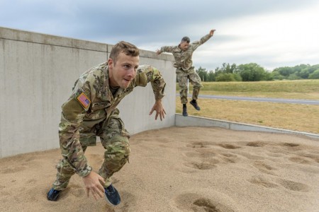 Army Reserve Sgt. Conner Williams trains on an obstacle course to prepare for the Interallied Confederation of Reserve Officers Military Competition in Halmstad, Sweden, June 21, 2023.