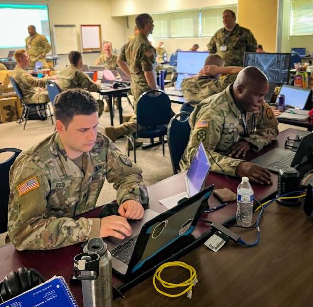 North Carolina Army National Guardsmen participate in the annual Cyber Shield training event June 14, 2023, at the Professional Education Center in Little Rock, Arkansas. Cyber Shield is a collaborative training event that brings together military...