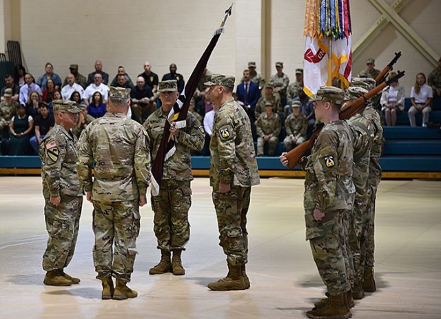 Brig. Gen. Edward Bailey (foreground, third from left) assumes command of USAMRDC during a ceremony at Fort Detrick, Maryland, on June 23, 2023. (Photo by Ramin A. Khalili, USAMRDC Public Affairs)