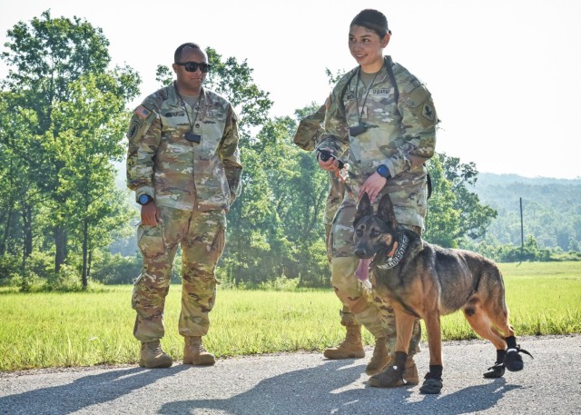 Patrol Explosive Detection Dog - Enhanced Course instructor, Staff Sgt. Tavian Brake is on-hand to provide support if needed, as Sgt. Veronica Mendez prepares to send her military working dog, Ket several feet away from her to search for simulated explosives during training on June 21 near the Army Military Working Dog Training Facility on Fort Leonard Wood. The 60-day PEDD-E course teaches handlers and their military working dogs to operate without a leash connecting them. 
