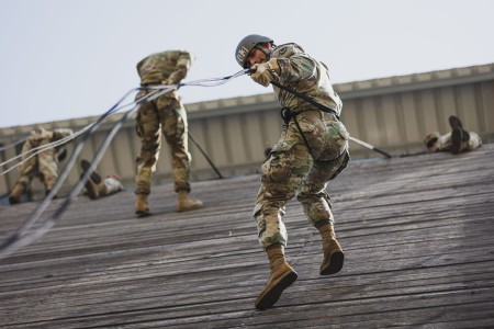 U.S. Soldiers assigned to various units from across Europe rappel from a tower during the Combined Arms Training Center’s air assault course conducted by an Army National Guard mobile training team from Fort Moore, Georgia, at the 7th Army Training Command&#39;s Grafenwoehr Training Area, Germany, June 22, 2023. The 10-day Air Assault School trains Soldiers on air assault operations, sling-load operations and rappelling to be able to perform skills required to make maximum use of helicopter assets in training and in combat to support their unit operations.