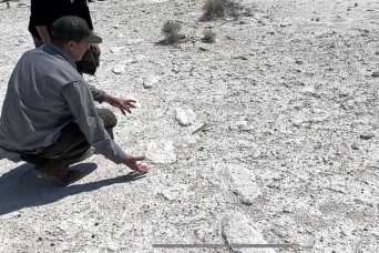 Japanese show films fossilized footprints at White Sands Missile Range