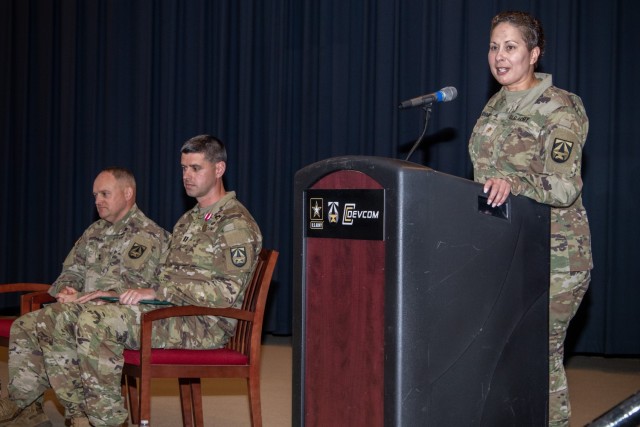 Maj. Katherine Threadgill assumed command of the U.S. Army Combat Capabilities Development Command Headquarters and Headquarters Detachment on June 5, 2023, from Cpt. Patick Smith (middle). Maj. Gen. Edmond ‘Miles’ Brown, DEVCOM commanding general (far left) hosted the ceremony. 
