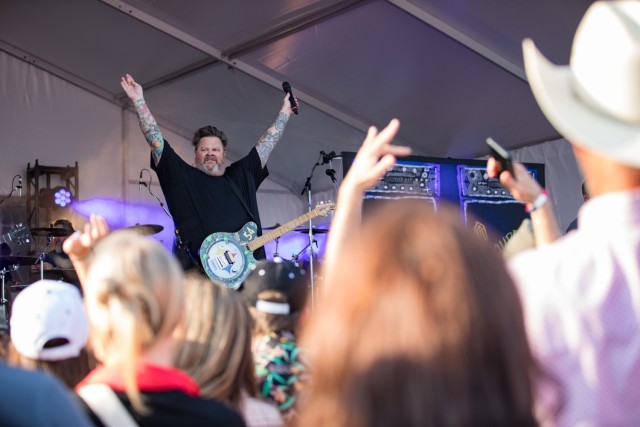 Bowling for Soup lead singer Jaret Reddick listens to the crowd cheer during the band&#39;s performance at Freedom Fest June 23, 2023, at Fort Cavazos. (U.S. Army photo by Blair Dupre, Fort Cavazos Public Affairs)