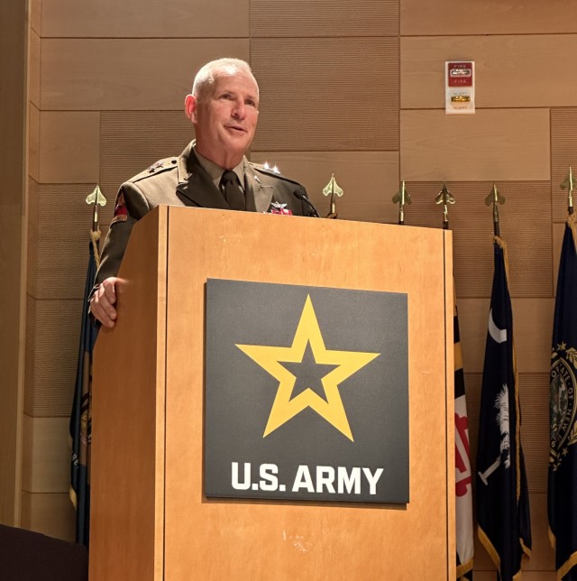 Maj. Gen. Anthony Potts delivers remarks during the PEO C3T Change of Charter on June 29, 2023.